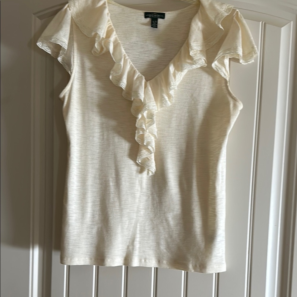 Lauren Jeans Co. Ruffled Cream V-Neck Flutter Sleeve Blouse
